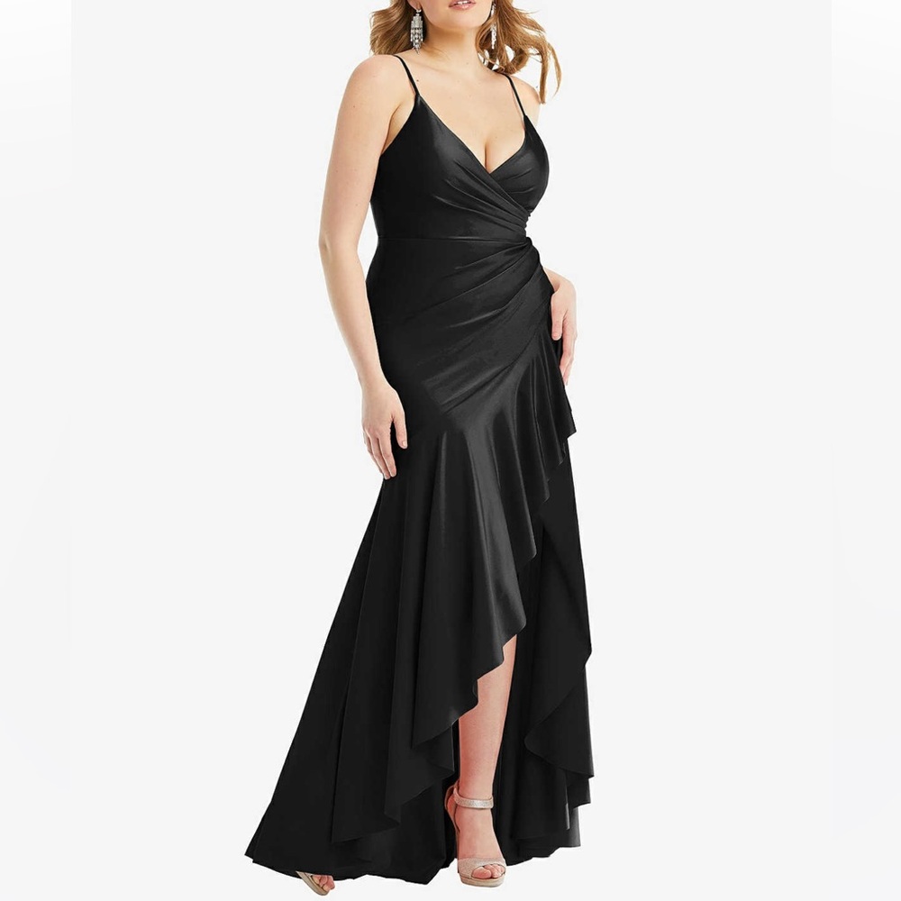 CYNTHIA & SAHAR GABRIELLA CS111 LUXE STRETCH SATIN Gown Black Pleated Ruffle
